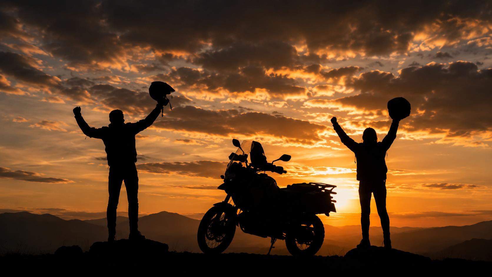 Rider on mountain highway at sunset